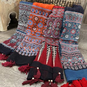 Pure Cotton Hand Printed Ajrakh Stole / 94 inches by 21 inches / Hand Embroidered / Free Shipping in US