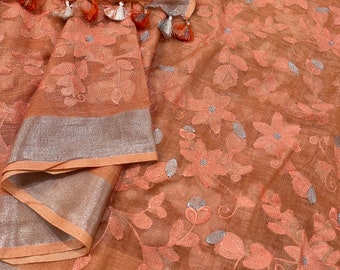 Embroidered Linen Saree / Peachy Orange Saree/ Free Shipping in U.S.