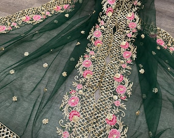 Dupatta/estola/chal de red bordado en verde oscuro, envío gratis.