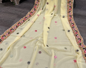 Embroidered Pale Yellow Georgette Dupatta /Stole/Wrap, Free Shipping In US