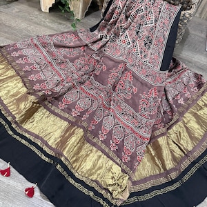 Ajrakh Dupatta on Modal Silk / Scarf / Stole / Free Shipping in US