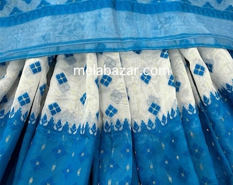 White and Blue Jamdani Saree / Fall Attached/ Free Shipping in US
