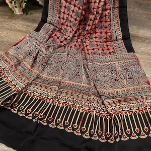 Red Ajrakh Dupatta on Modal Silk / Scarf / Stole / Free Shipping in US