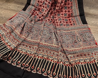 Red Ajrakh Dupatta on Modal Silk / Scarf / Stole / Free Shipping in US