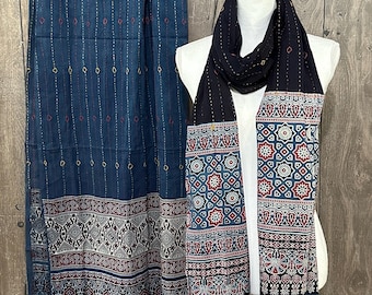 Pure Cotton Hand Printed Ajrakh Stole / 94 inches by 21 inches / Hand Embroidered / Free Shipping in US