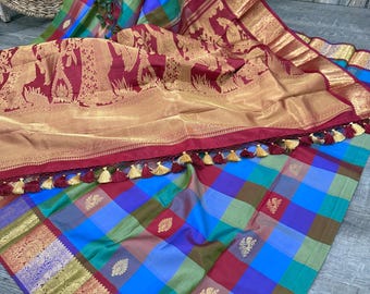 Multicolor Checked Pure SIlk Kanjivaram Saree /Free Shipping In US