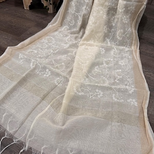Embroidered Off White Cotton Silk Dupatta /stole/wrap, Free Shipping in US