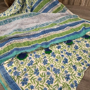 Floral Handblock Print Cotton Silk Saree / Free Shipping In US