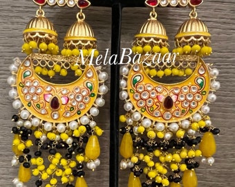 Kundan and Meenakari Yellow Earrings/ large statement earrings/ Free Shipping in US