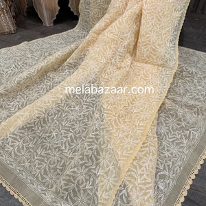 Beige Chikankari Cotton Dupatta / Hand Embroidered/ Free Shipping in US
