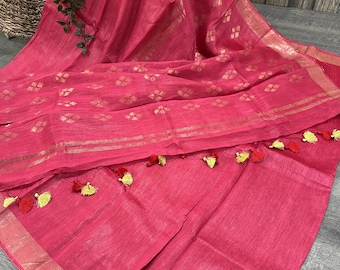 Silk Linen Saree /Fall attached/Free Shipping In US
