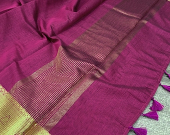 Rani Pink Chanderi Cotton Silk Saree / Vegan Saree / Free Shipping in US