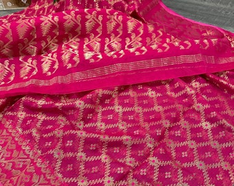 Rani Pink Jamdani Saree with Gold Zari /Free Shipping In US