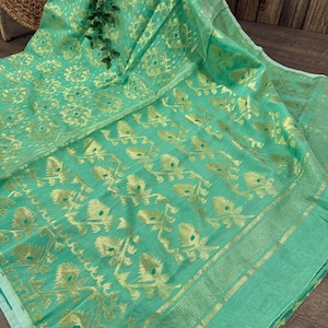 Sea Green Gold Jamdani Saree /Free Shipping In US