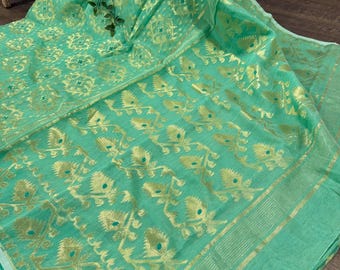 Sea Green Gold Jamdani Saree /Free Shipping In US