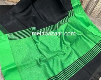 Black Green Linen Saree / Fall attached/ Free Shipping In US