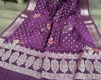 Purple Floral Banarasi Dupatta /Stole/Wrap/Ships from Ohio