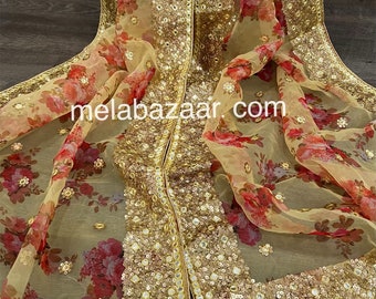 Light Yellow Floral Organza Dupatta/Stole/Wrap, Free Shipping in US