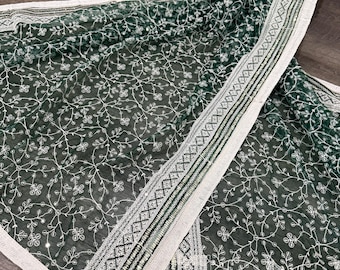 Embroidered Green Net Dupatta /Stole/Wrap/ Lightweight Dupatta/ Ships from Ohio