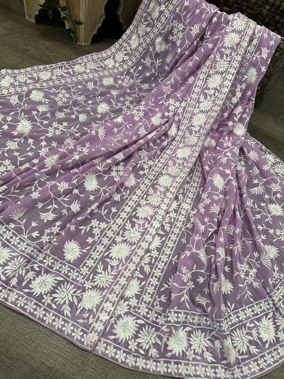 Embroidered Lavender Georgette Dupatta /Shawl / Stole / Wrap /Free Shipping in US