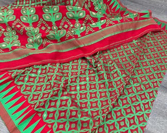Red and Green Jamdani Saree / Fall Attached/ Free Shipping in US