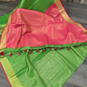 Parrot Green Tissue Linen Saree / Free Shipping In US