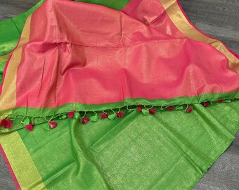 Parrot Green Tissue Linen Saree / Free Shipping In US
