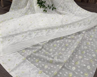 White Jamdani Saree / Fall Attached/ Free Shipping in US