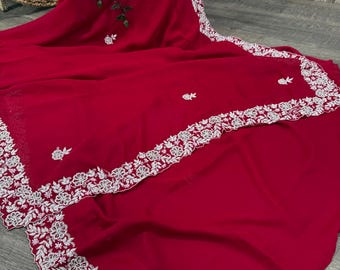 Deep Red Satin Chiffon Saree with Pearls Work /Free Shipping In US