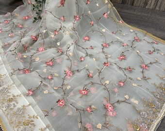 Ivory Muslin Jamdaani Saree /Free Shipping In US