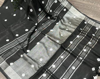 Black Linen Saree / 100 Count Pure Linen / Free Shipping In US