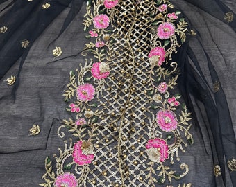 Black Net Dupatta with Gold Sequins / Free Shipping in US