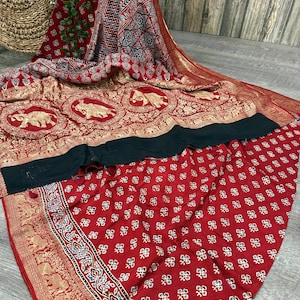 Ajrakh Hand Print Rust Red Dola Silk Saree / Free Shipping in US