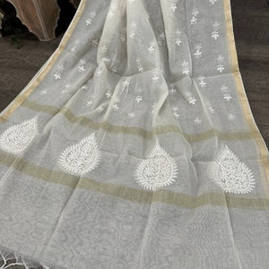 刺繍入りオフホワイトコットンシルクドゥパッタ/ストール/ラップ、米国内送料無料