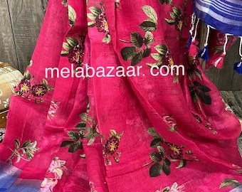 Hot Pink Floral Pure Linen Saree / 100 count / Free Shipping In US