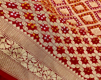 Red Bandhej Banarsi Pure Khaddi Georgette Saree / Free Shipping in US