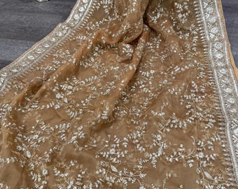 Embroidered Organza Honey Gold Dupatta /Stole /Wrap, Free Shipping in US