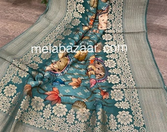 Blue Pichwai Print Banarsi Dupatta /Stole/Wrap/ Free Shipping in US