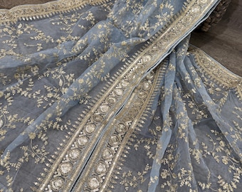 Embroidered Organza Blue Gray Dupatta /Stole /Wrap, Free Shipping in US