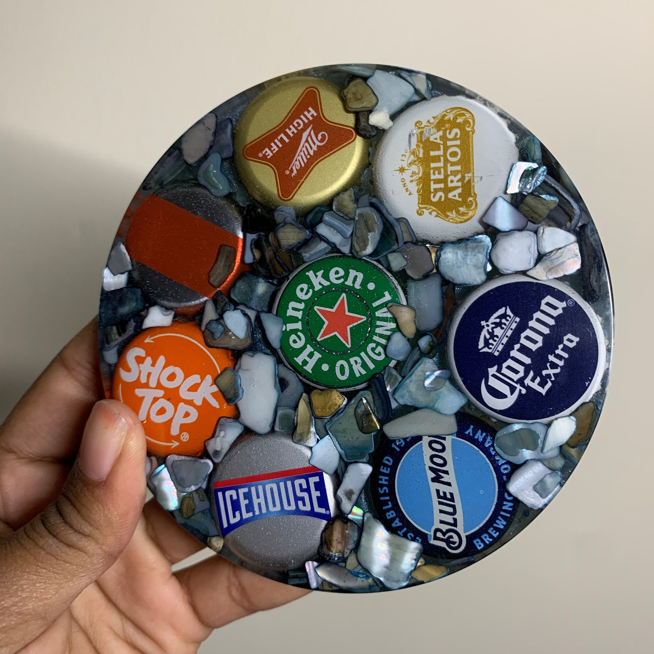 4 Resin Beer Cap Coaster With Shell Chips Etsy
