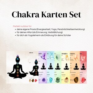 Może przedstawiać: Zestaw kart czakr zatytułowany "Chakra Karten Set". Karty przedstawiają ilustracje czakr, motyli, kamieni szlachetnych i pozycji jogi. Tekst na kartach zawiera słowo "Mantra".