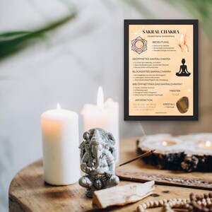 Może przedstawiać: Oprawiony plakat z czarnym napisem "SAKRAL CHAKRA" na beżowym tle i czarnej ramie. Obraz zawiera małą statuetkę, świece i inne przedmioty duchowe. Plakat zawiera tekst w języku niemieckim.