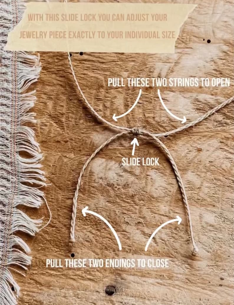 May include: Close-up of a slide lock closure on a brown cord. The cord is tied in a knot and has two strings that can be pulled to open and close the lock. The text "PULL THESE TWO STRINGS TO OPEN" and "PULL THESE TWO ENDINGS TO CLOSE" is written on the image.