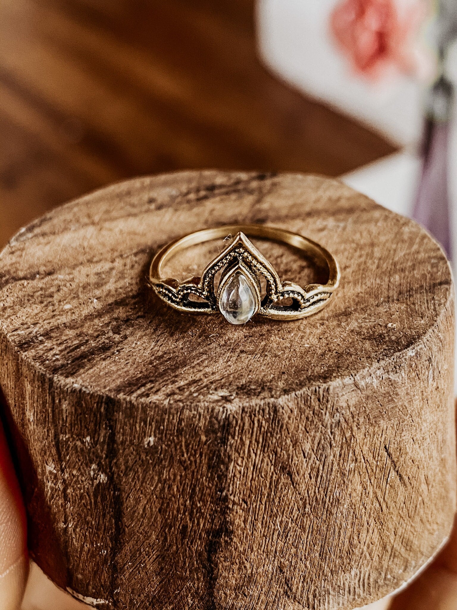 Koral Jewelry Round Moonstone Ring - 925 Sterling Silver Bohemian Vintage Ethnic Style - View #2