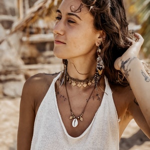 Set Fakuh Halsketten - Makramee Halskette Choker Muschel Geschenk für sie I Bohohalskette I Mond Schmuckstück I Gemstone Journey  Cowrie