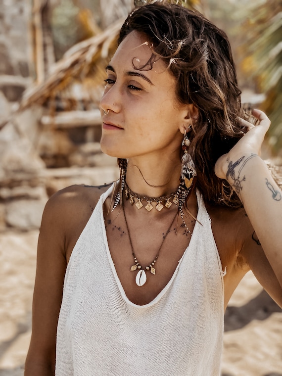 Set Fakuh Halsketten - Makramee Halskette Choker Muschel Geschenk für sie I Bohohalskette I Mond Schmuckstück I Gemstone Journey  Cowrie