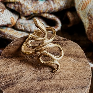 May include: A gold-toned snake ring with a coiled design. The ring is sitting on a wooden surface.