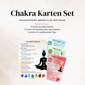 Może przedstawiać: Zestaw Chakra Karten, karty fizyczne, ze szczeg&oacute;łowym przewodnikiem. Zestaw zawiera 7 kart dla każdej czakry, kartę przeglądową i kartę z medytującą postacią. Karty zawierają kolorowe ilustracje i tekst w języku niemieckim.