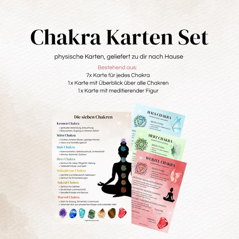 Może przedstawiać: Zestaw Chakra Karten, karty fizyczne, ze szczeg&oacute;łowym przewodnikiem. Zestaw zawiera 7 kart dla każdej czakry, kartę przeglądową i kartę z medytującą postacią. Karty zawierają kolorowe ilustracje i tekst w języku niemieckim.
