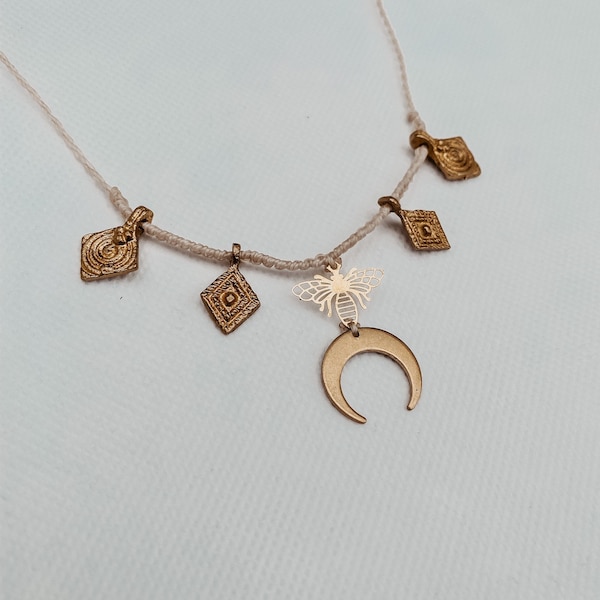 BeeYou - Macrame necklace tiara with gold I bee symbol I bohemian necklace I Moonchild I moon and fly I gold choker I GemstoneJourney